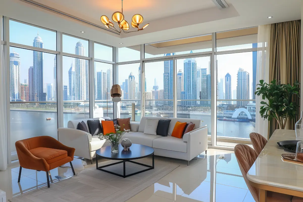 Vincitore Benessere Holiday Rentals Modern Living Room with Dubai Skyline view